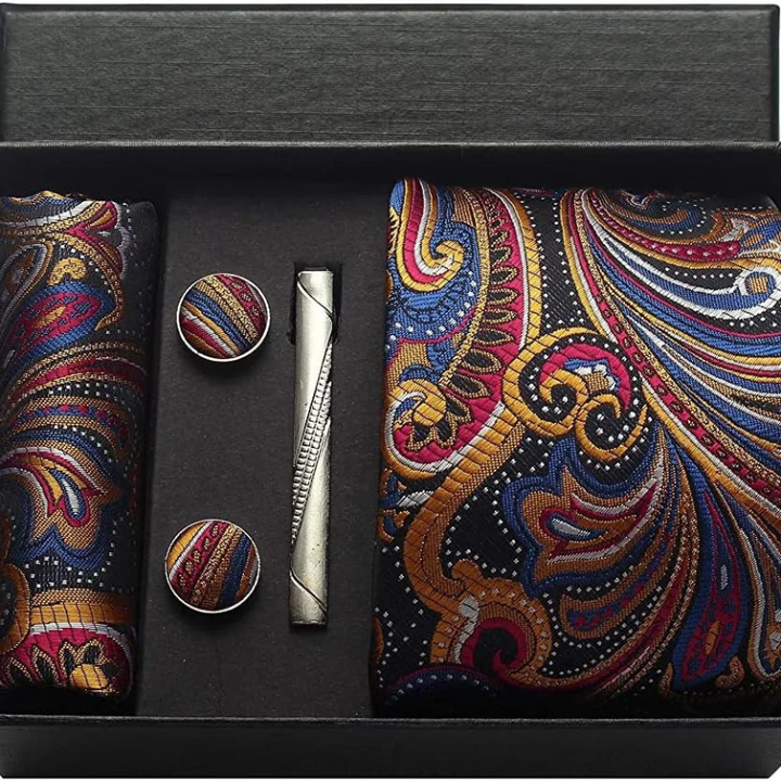 Set Cravatta Paisley da Uomo con Gemelli e Pochette