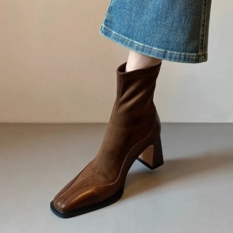 Stivali Alti Donna in Suede con Punta Quadrata e Tacco Blocco, Design Spliced Elegante e Moderno 0