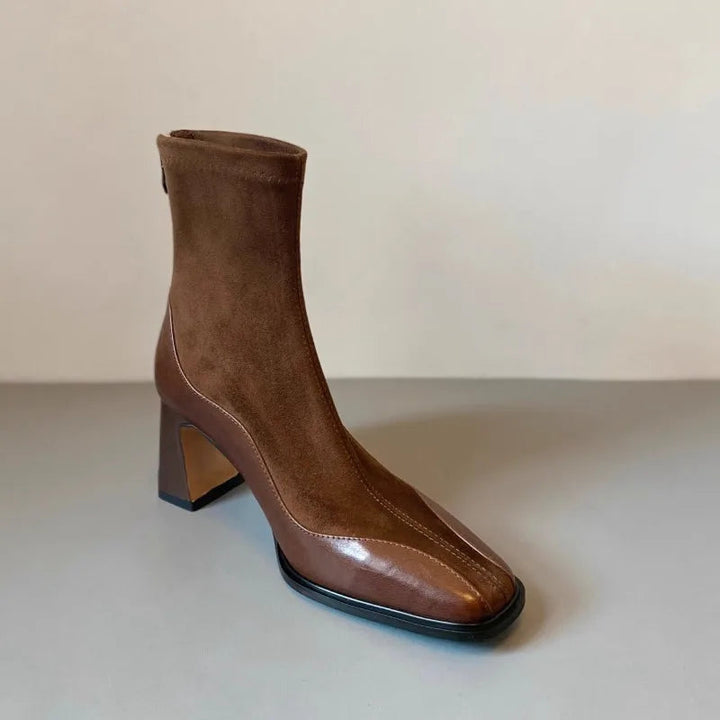 Stivali Alti Donna in Suede con Punta Quadrata e Tacco Blocco, Design Spliced Elegante e Moderno 1