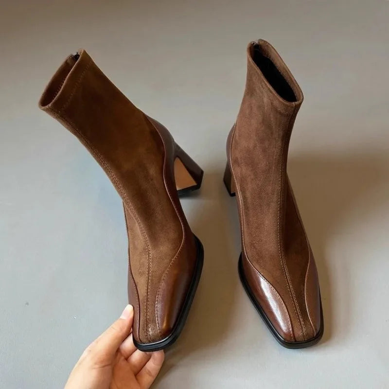 Stivali Alti Donna in Suede con Punta Quadrata e Tacco Blocco, Design Spliced Elegante e Moderno 2