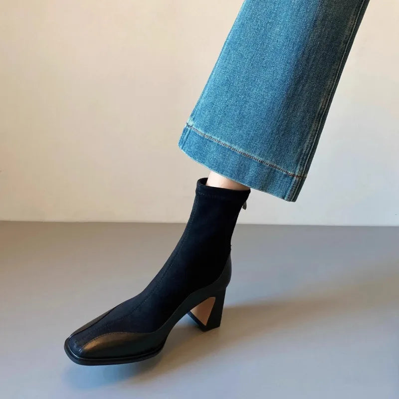 Stivali Alti Donna in Suede con Punta Quadrata e Tacco Blocco, Design Spliced Elegante e Moderno 3