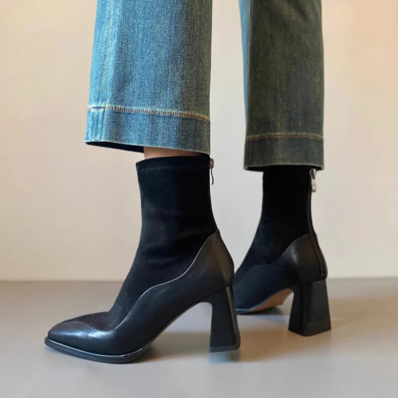 Stivali Alti Donna in Suede con Punta Quadrata e Tacco Blocco, Design Spliced Elegante e Moderno 5