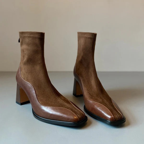 Stivali Alti Donna in Suede con Punta Quadrata e Tacco Blocco, Design Spliced Elegante e Moderno 6