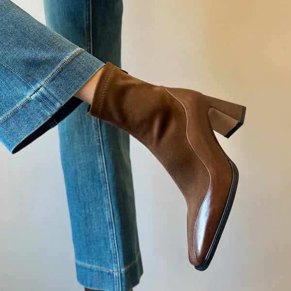 Stivali Alti Donna in Suede con Punta Quadrata e Tacco Blocco, Design Spliced Elegante e Moderno 7