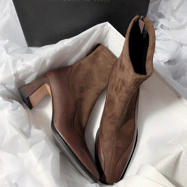 Stivali Alti Donna in Suede con Punta Quadrata e Tacco Blocco, Design Spliced Elegante e Moderno 8