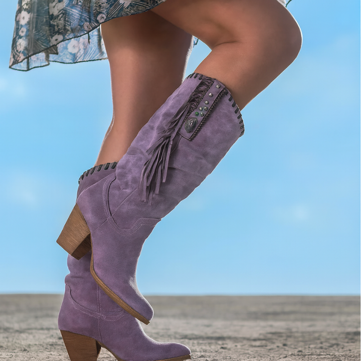 Stivali da cowboy in similpelle da donna con frange e tacco spesso, stivali da cowboy retrò alti fino al ginocchio