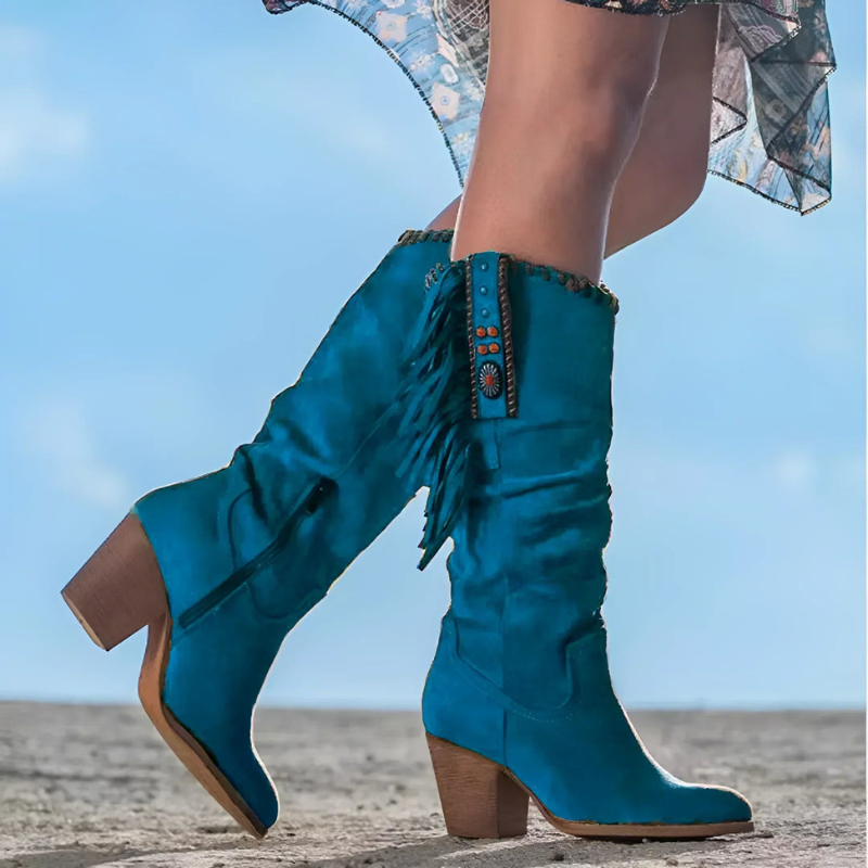 Stivali da cowboy in similpelle da donna con frange e tacco spesso, stivali da cowboy retrò alti fino al ginocchio