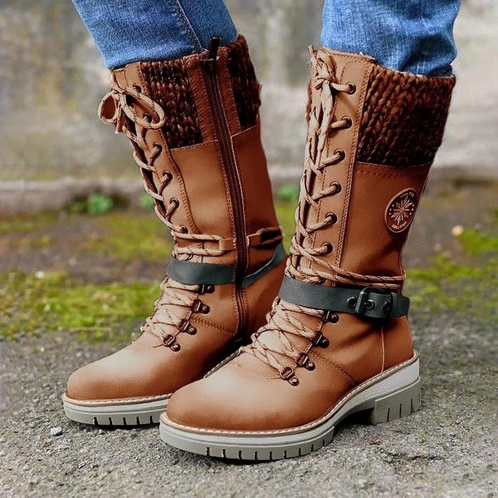 Stivali invernali da donna con lacci e risvolto lavorato a maglia – Stile elegante, tacco alto 3 cm