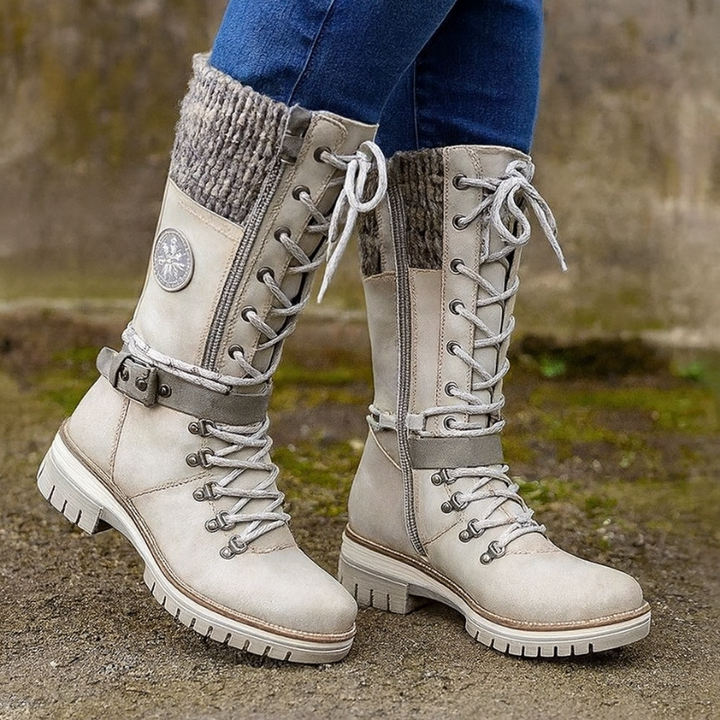 Stivali invernali da donna con lacci e risvolto lavorato a maglia – Stile elegante, tacco alto 3 cm
