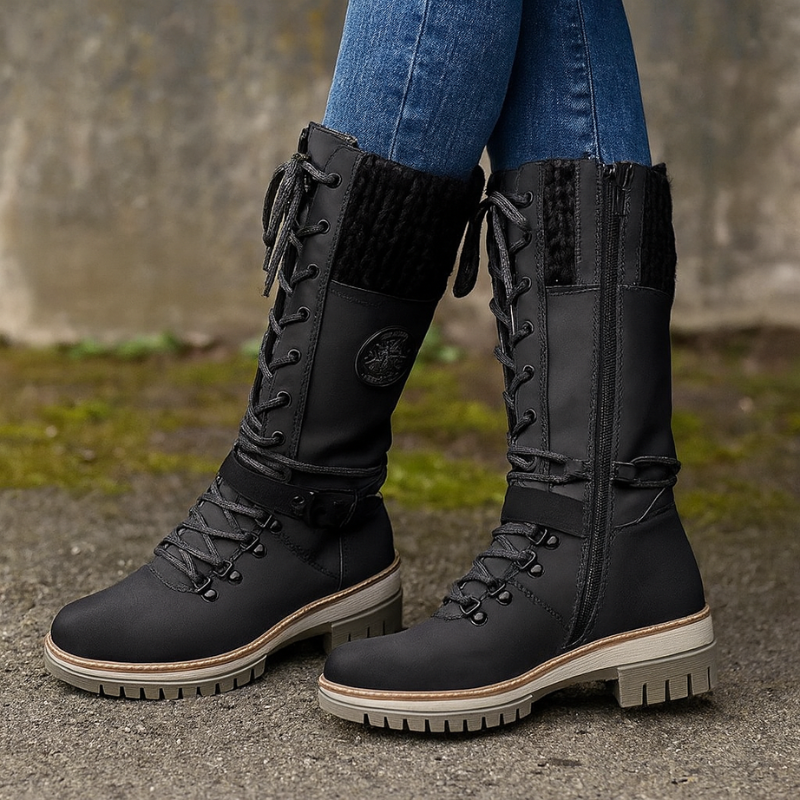 Stivali invernali da donna con lacci e risvolto lavorato a maglia – Stile elegante, tacco alto 3 cm