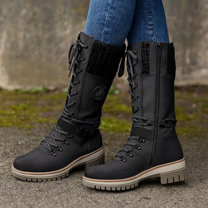 Stivali invernali da donna con lacci e risvolto lavorato a maglia – Stile elegante, tacco alto 3 cm