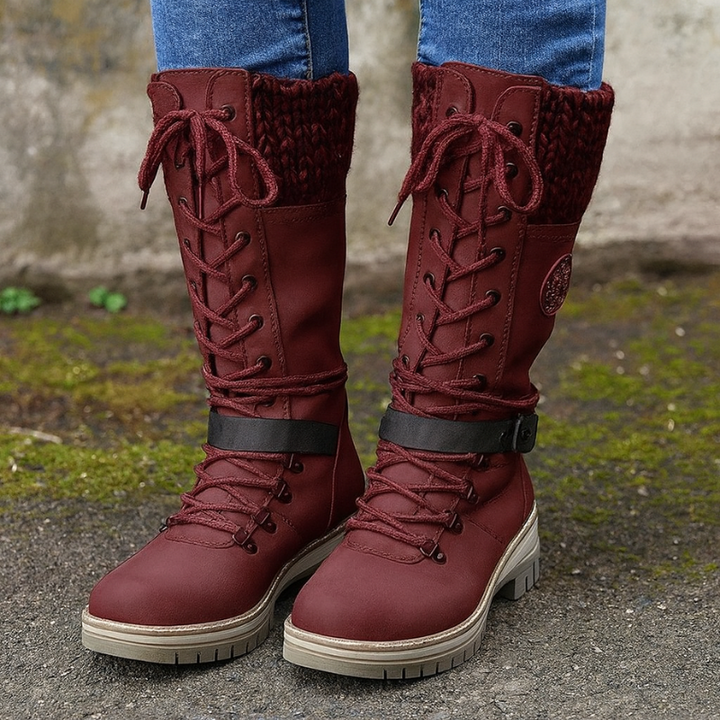 Stivali invernali da donna con lacci e risvolto lavorato a maglia – Stile elegante, tacco alto 3 cm