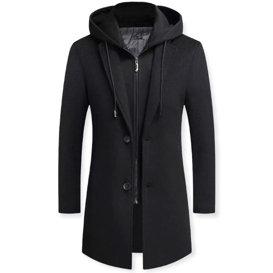 Trench Maschile in Mistura di Lana Doppio Petto con Cofano Staccabile – Elegante e Versatile per Autunno/Inverno 1