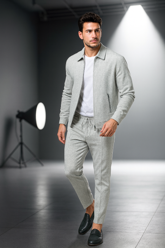 Tuta Elegante da Uomo con Giacca con Zip e Pantaloni Affusolati