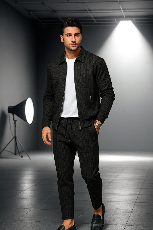 Tuta Elegante da Uomo con Giacca con Zip e Pantaloni Affusolati