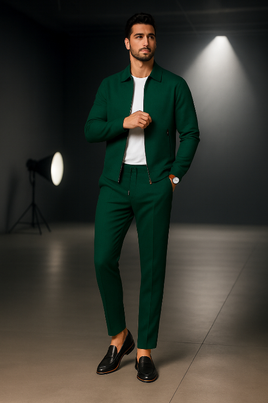 Tuta Elegante da Uomo con Giacca con Zip e Pantaloni Affusolati