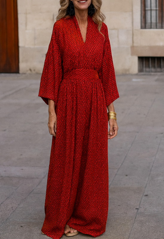 Elegantes Maxikleid für Damen mit langen Ärmeln und geometrischem Druck für Zeremonien und besondere Anlässe