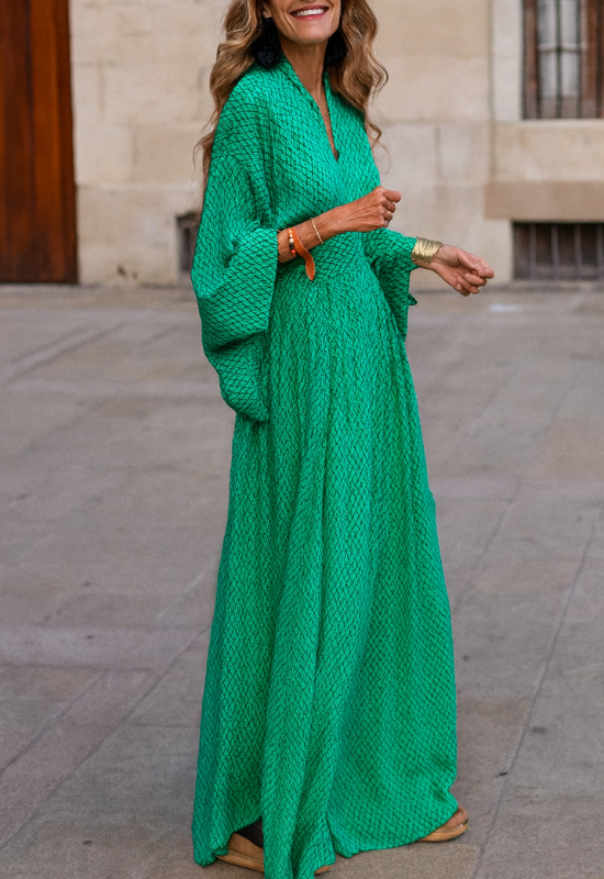 Elegantes Maxikleid für Damen mit langen Ärmeln und geometrischem Druck für Zeremonien und besondere Anlässe