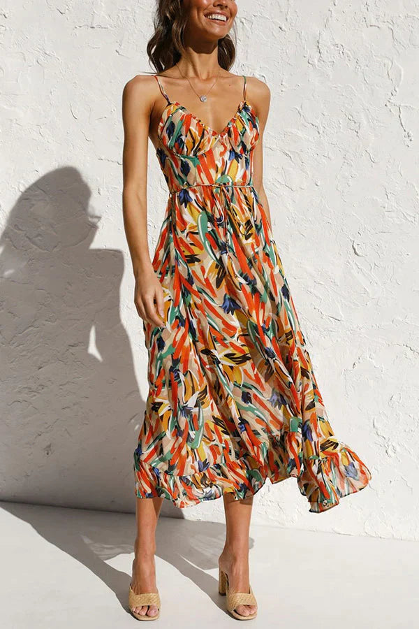 Vestito da Donna Midi Estampato con Scollatura a V e Spalline Sottili - Abito Elegante per Occasioni Estive 0
