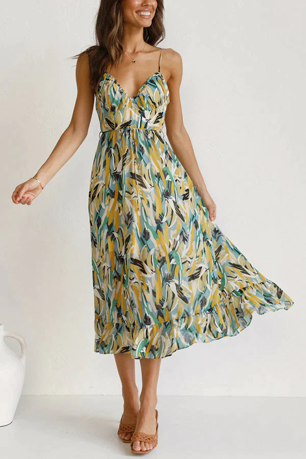 Vestito da Donna Midi Estampato con Scollatura a V e Spalline Sottili - Abito Elegante per Occasioni Estive 1