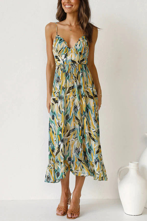 Vestito da Donna Midi Estampato con Scollatura a V e Spalline Sottili - Abito Elegante per Occasioni Estive 2