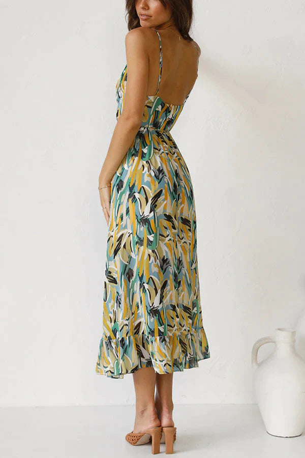 Vestito da Donna Midi Estampato con Scollatura a V e Spalline Sottili - Abito Elegante per Occasioni Estive 3