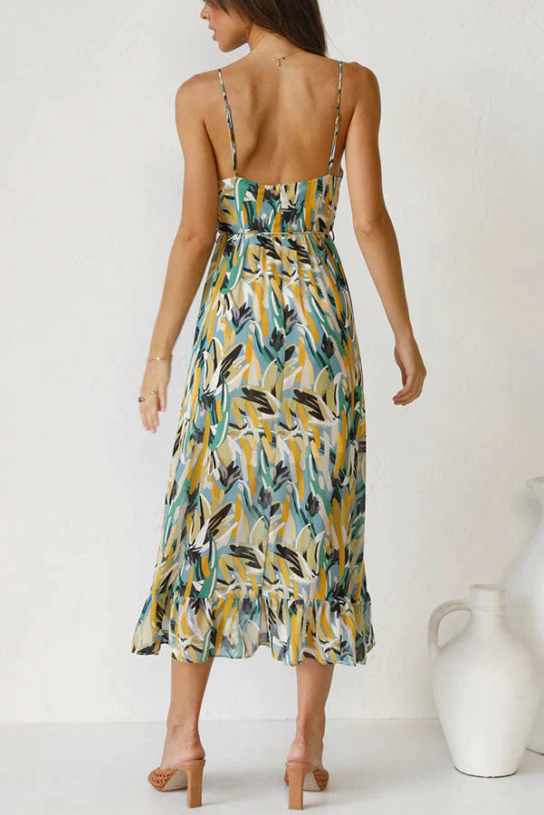 Vestito da Donna Midi Estampato con Scollatura a V e Spalline Sottili - Abito Elegante per Occasioni Estive 4