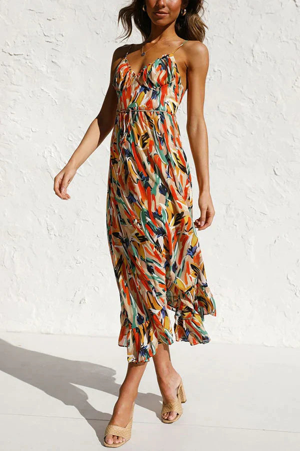 Vestito da Donna Midi Estampato con Scollatura a V e Spalline Sottili - Abito Elegante per Occasioni Estive 5