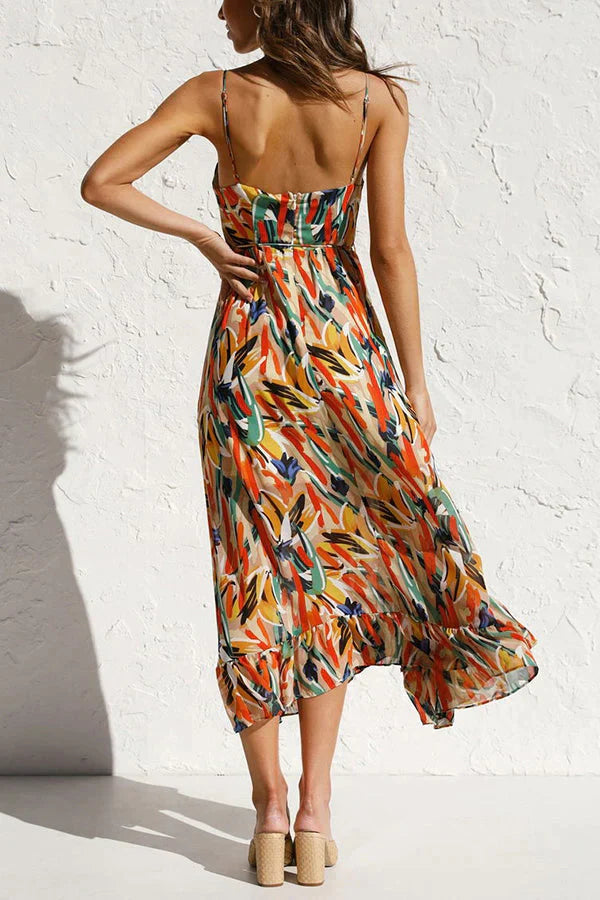 Vestito da Donna Midi Estampato con Scollatura a V e Spalline Sottili - Abito Elegante per Occasioni Estive 6